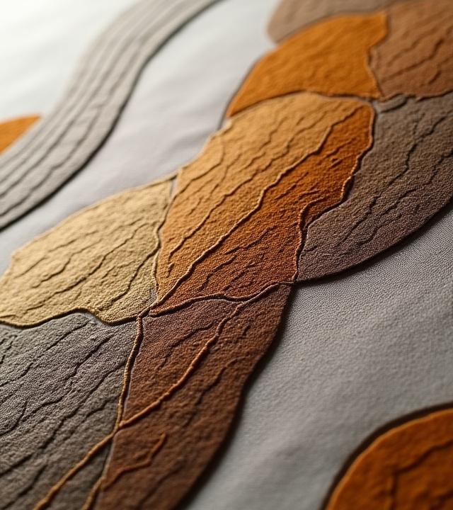 Abstract embroidered art with raised geometric patterns in muted earthy tones, emphasizing the play of light and shadow on their dimensional surfaces.
