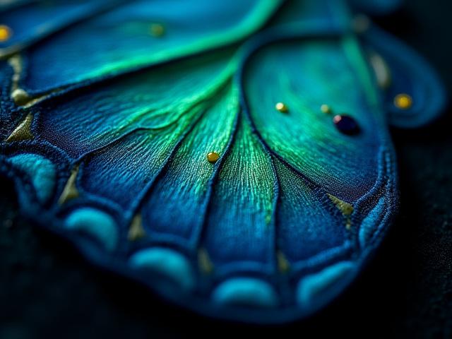 Detailed macro shot of an embroidered butterfly wing, showcasing the smooth, raised texture created by padded satin stitch in vibrant hues, on a dark background.