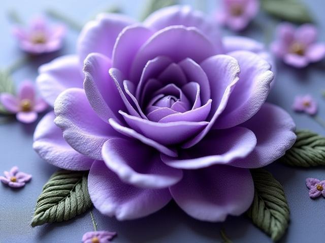 Angled view of a purple embroidered sculptural flower with raised petals, demonstrating stumpwork technique, light catching textures.