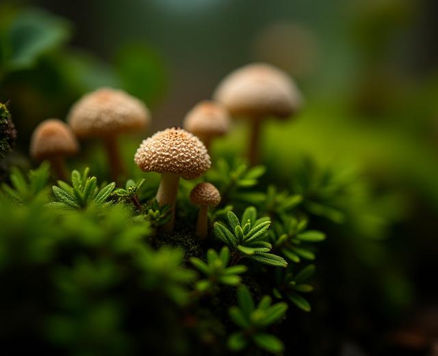 A highly realistic embroidered depiction of moss and tiny fungi, created using various textured stitches to mimic organic growth and dampness, angled for depth.
