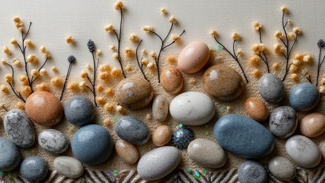 A piece of embroidery art integrating small polished river stones and iridescent seed beads amongst traditional stitching, creating diverse textures.