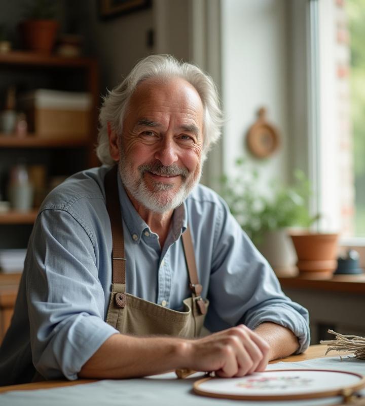 Gerald Arnold Weissman smiling in his vibrant studio, surrounded by intricate embroidery art.