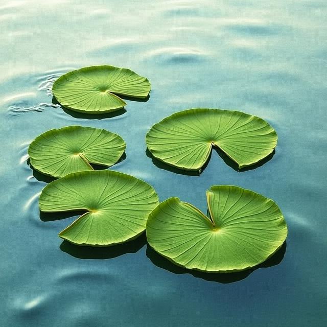 Still life featuring hand-embroidered lily pads on water