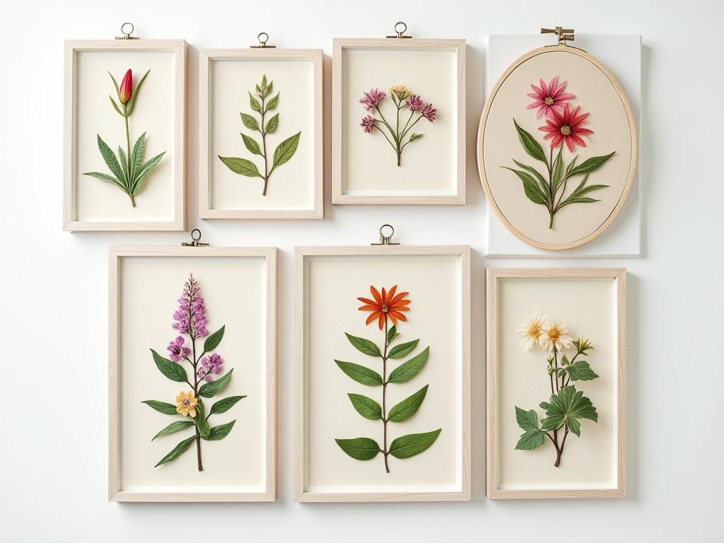 Overview of various botanical embroidery pieces displayed in a gallery setting.