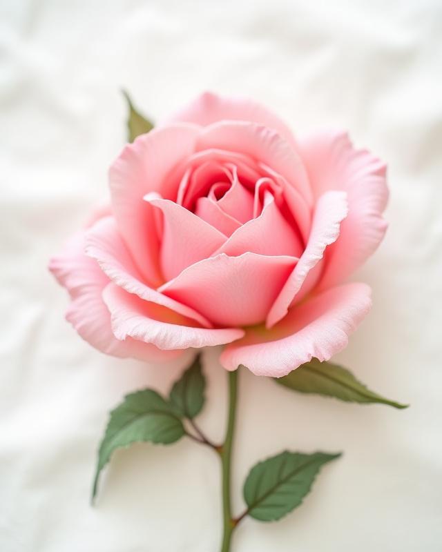 Realistic hand-embroidered pink rose bloom with dew drops