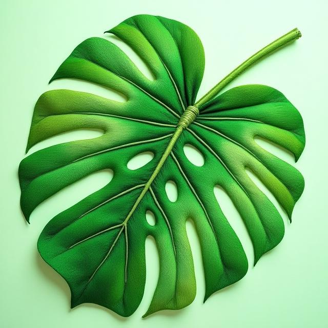 Hand-embroidered tropical leaf, showing detailed veins and varied green hues
