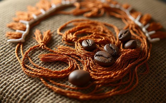 Bold, abstract embroidery on a repurposed burlap coffee bean bag, celebrating its raw texture