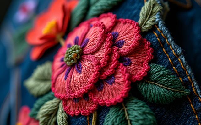 Intricate floral embroidery in vibrant threads on a reclaimed dark denim jacket segment