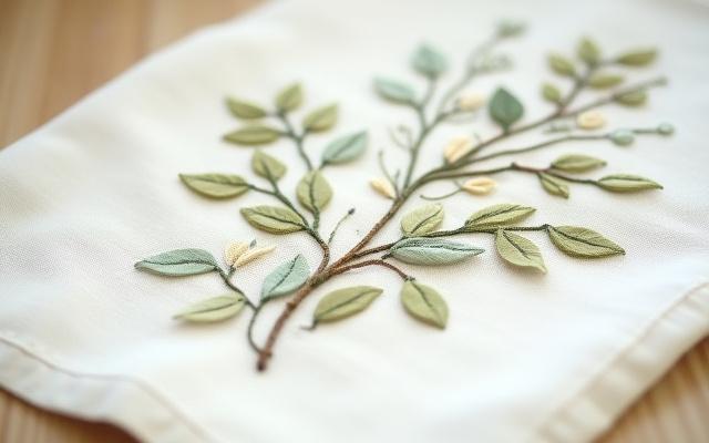 Detailed botanical embroidery on a vintage linen napkin, featuring muted, earthy tones