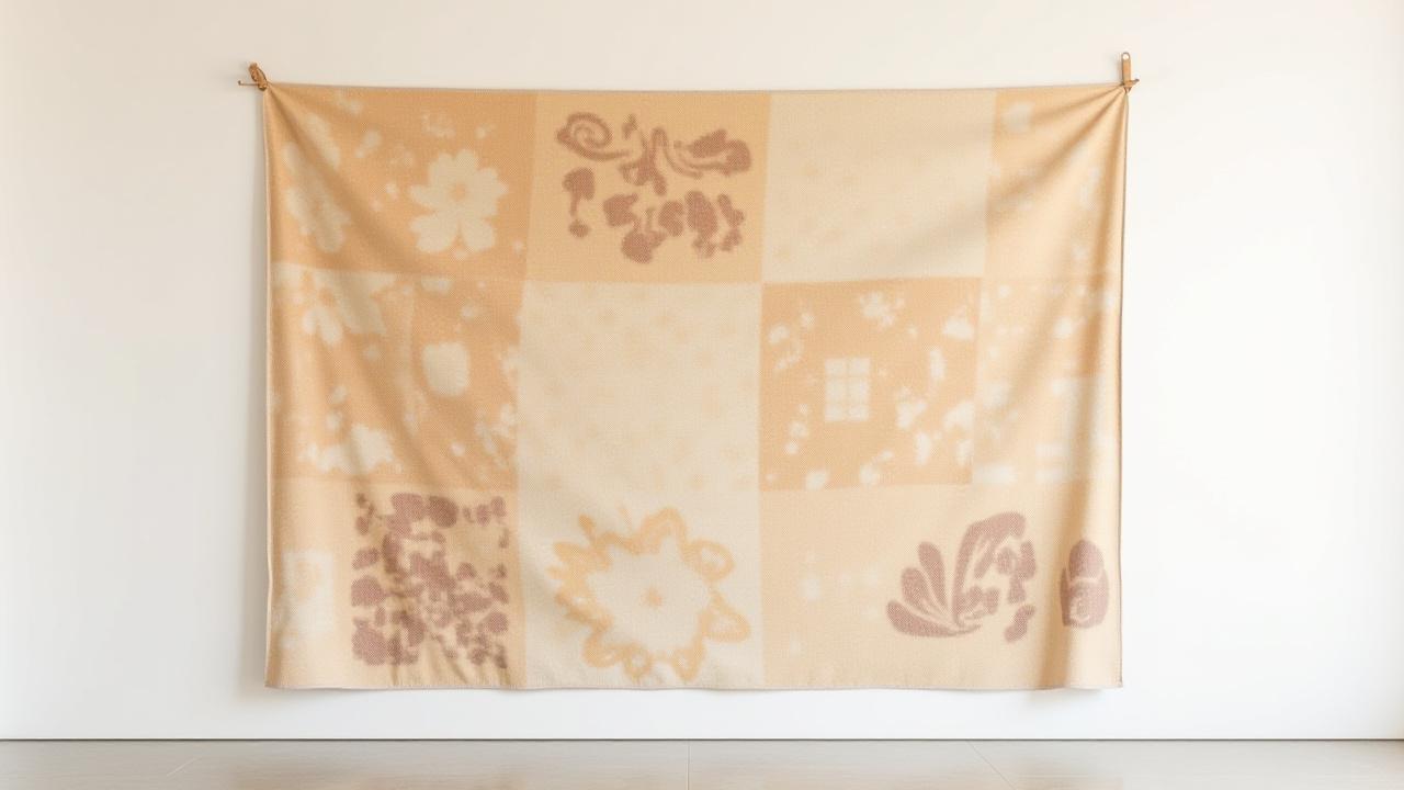 The finished 'Harmony Quilt Project,' a stunning large-scale abstract art piece made from various upcycled textiles, hanging on a gallery wall