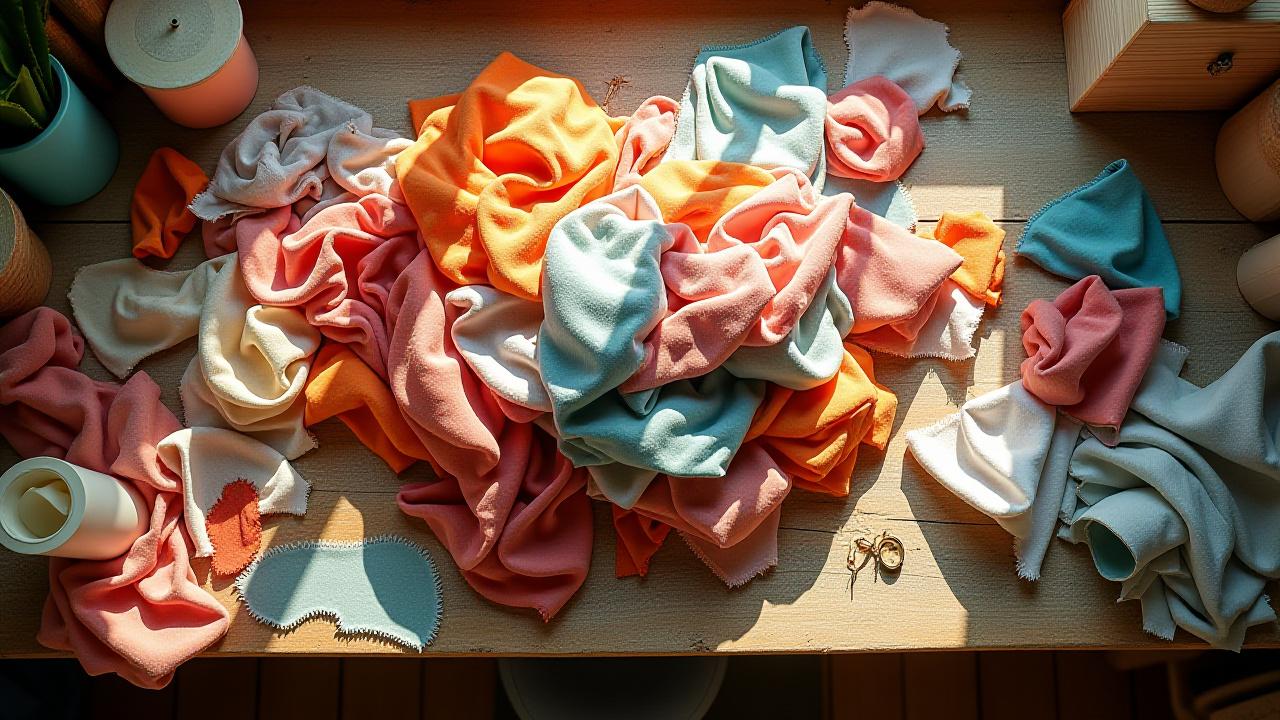 A large pile of colorful fabric scraps and embroidery offcuts on a wooden studio table