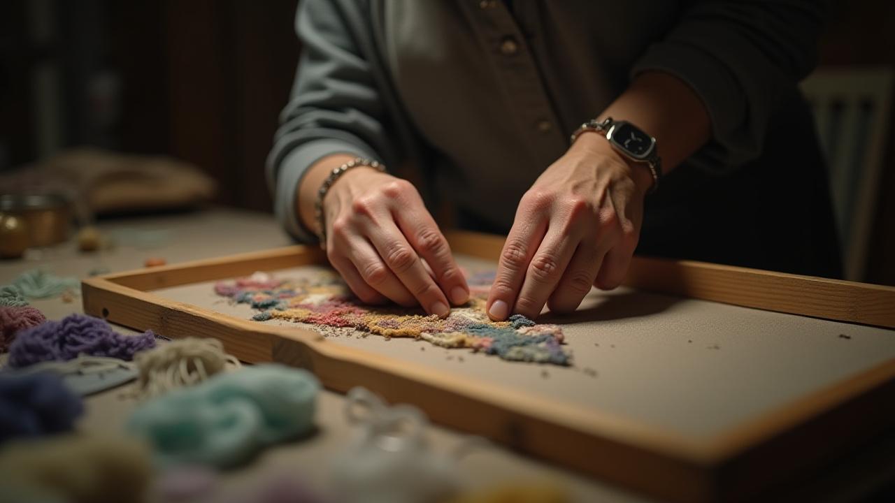 Gerald Arnold Weissman's hands carefully stitching fabric scraps together on a large embroidery frame, illuminated by soft studio light