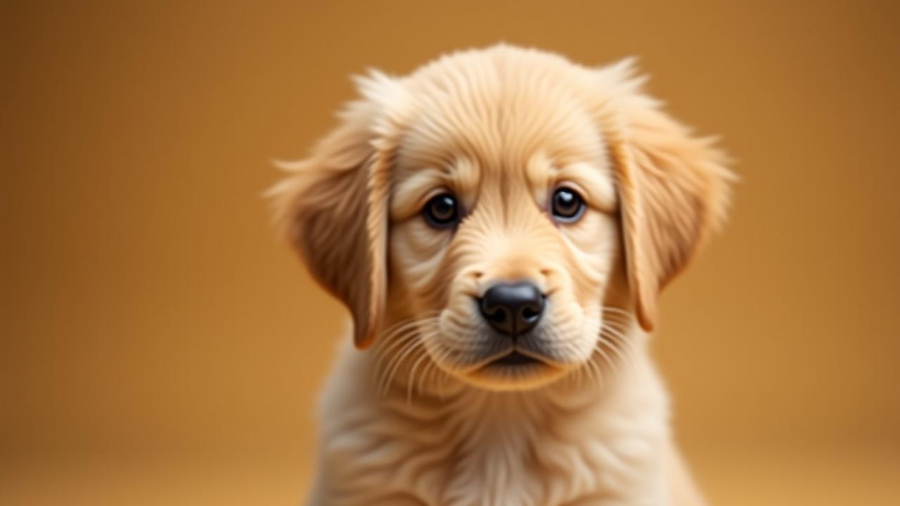 Original photograph of a golden retriever puppy looking up with soft eyes.