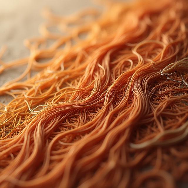 Extreme close-up of silk threads in an embroidered portrait, showing the luminous sheen and fine texture.