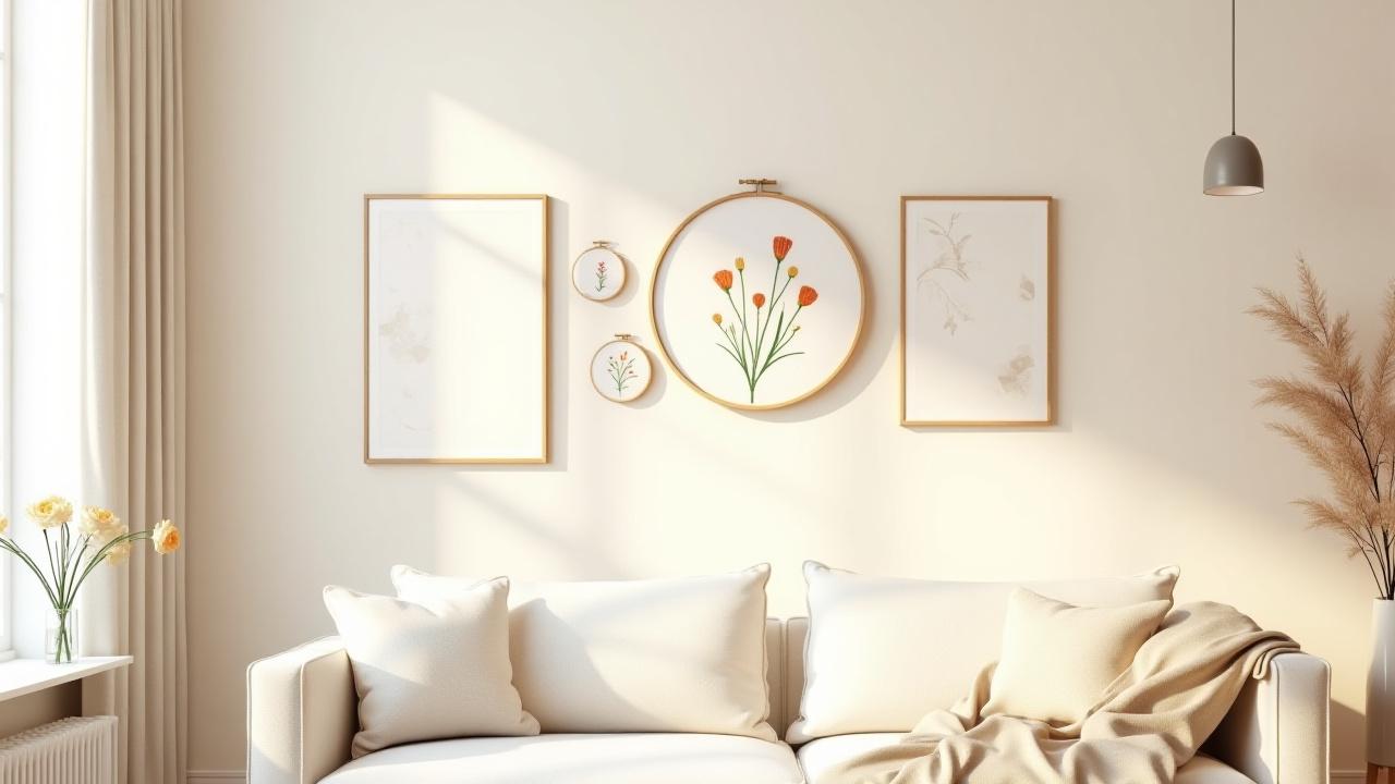 A stylish gallery wall in a living room, featuring a group of three hand-embroidered floral hoops of varying sizes creatively arranged with other art pieces.