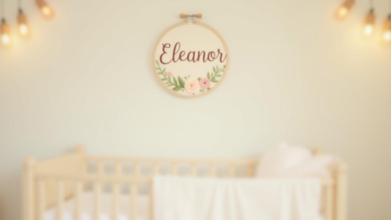 A small, delicate personalized hand-embroidered floral hoop with a baby's name, hung subtly in a light and airy nursery above a crib.