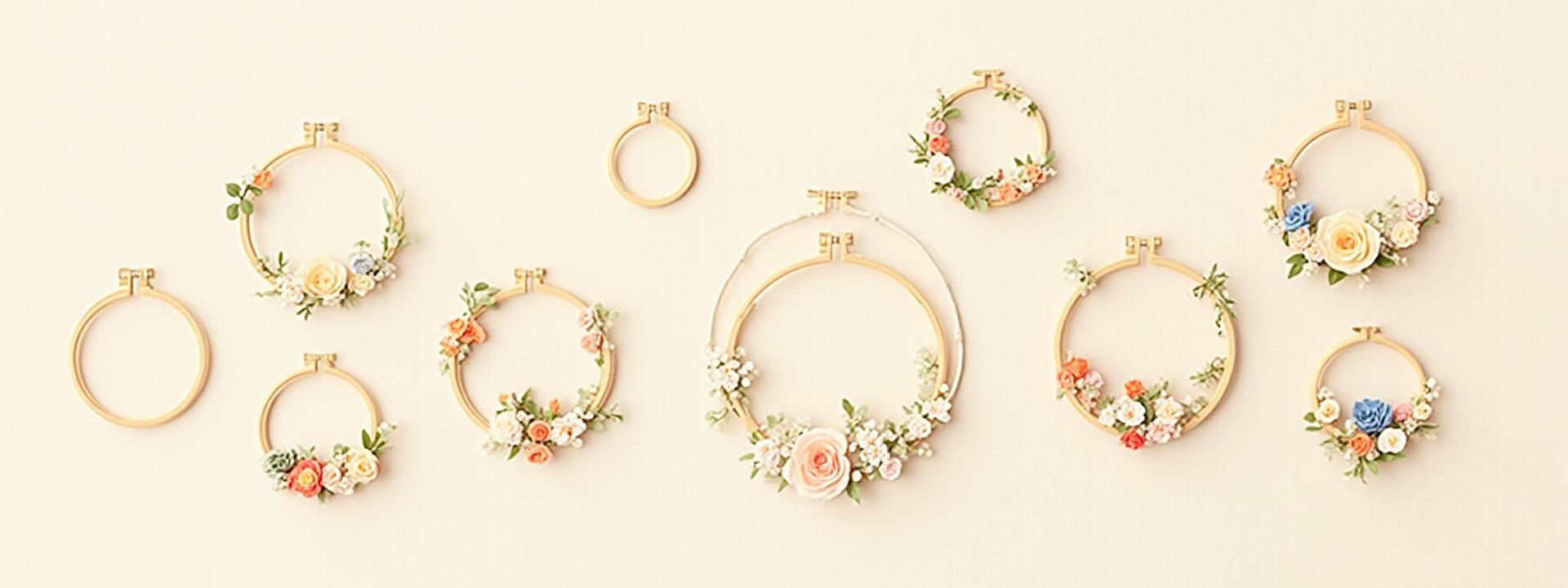 A beautifully styled flat-lay of several hand-embroidered floral hoops in different sizes and designs, resting on a light, textured surface.