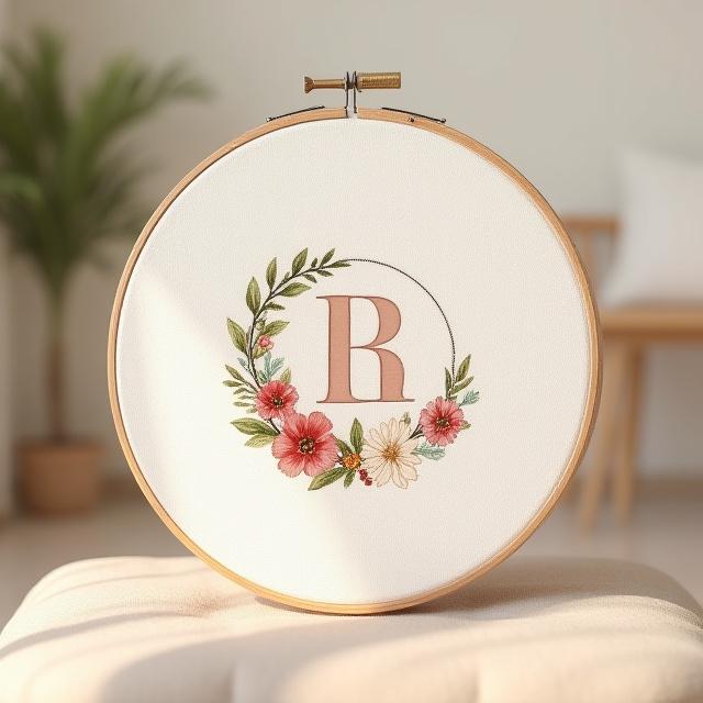 An example of a custom hand-embroidered hoop art piece featuring a specific request, such as a floral bouquet or a pet portrait, demonstrating personalization.