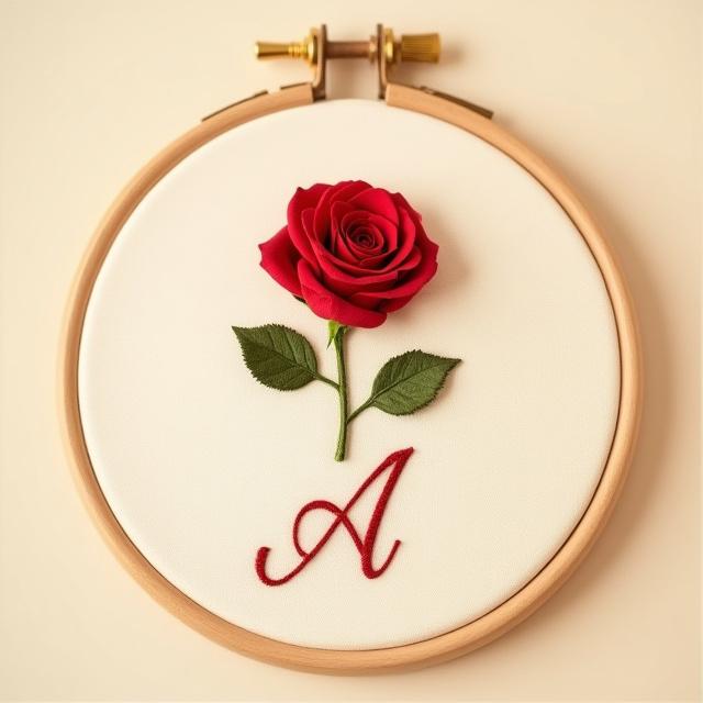 An elegant hand-embroidered single red rose with a beautifully stitched initial, set within a wooden hoop, suggesting a personalized gift.