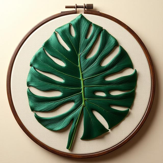 A bold, hand-embroidered tropical leaf design, possibly a Monstera, in deep greens and teals, mounted in a round wooden hoop.