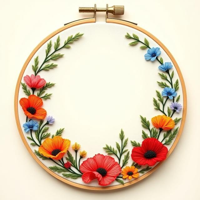 A vibrant hand-embroidered wildflower wreath arranged in a circular pattern within a wooden hoop, depicting various colorful blossoms.