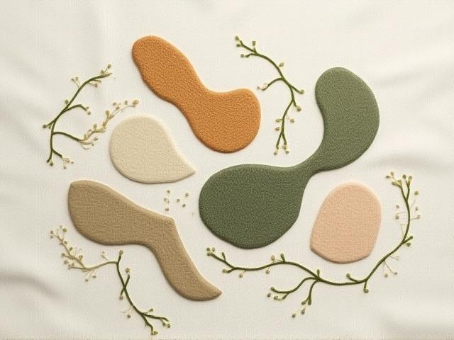 Abstract embroidered piece in warm daytime lighting, muted tones.