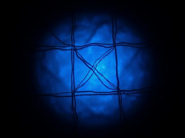 The same abstract embroidered piece, revealing a glowing geometric pattern in the dark.