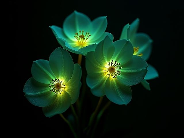 The same embroidered bouquet, flowers subtly glowing in the dark.