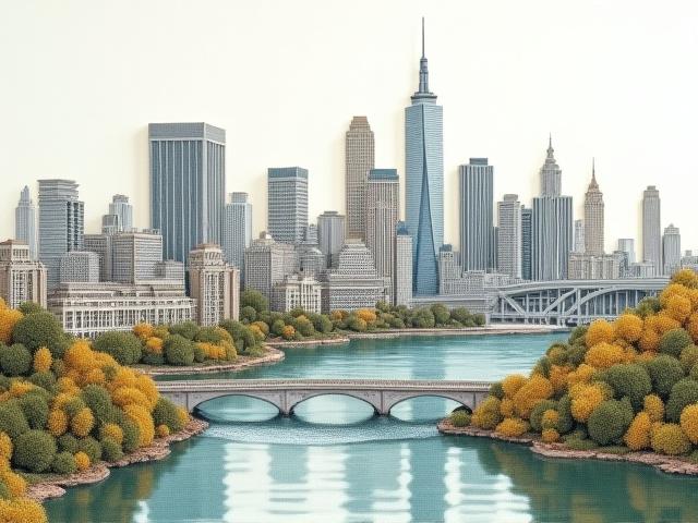 Embroidered cityscape during the day, detailed architecture.