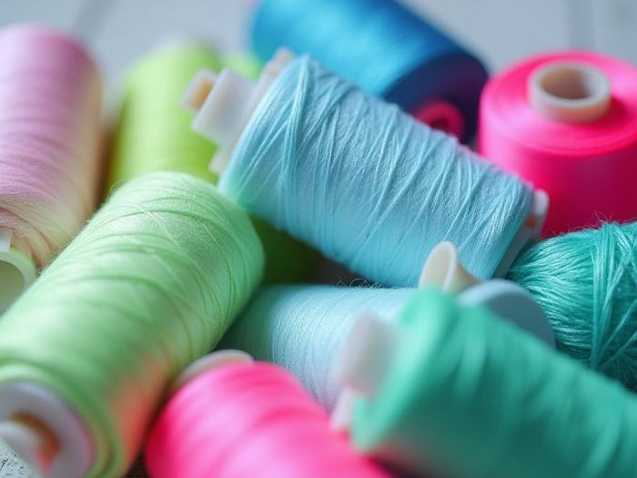 Close-up of various spools of luminescent and UV-reactive embroidery threads in different colors.