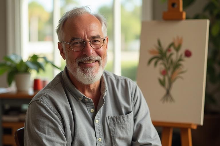 Gerald Arnold Weissman smiling warmly in his Boynton Beach art studio, surrounded by embroidery supplies and natural light