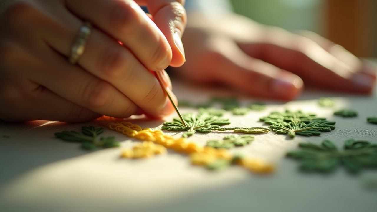 Close-up of hands delicately stitching an intricate floral embroidery design