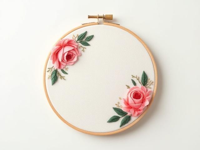 Elegant floral hoop art with intricate pink and green embroidery in a wooden hoop