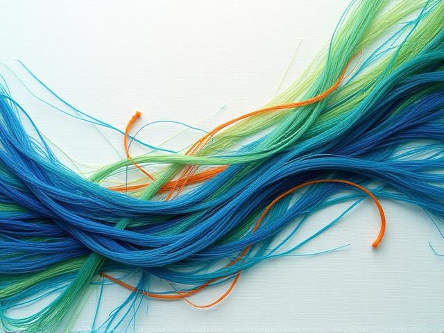 Abstract modern embroidery art with flowing, colorful silk threads creating a dynamic pattern