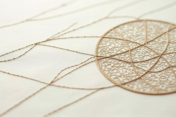 Minimalist embroidery with clean, linear patterns in contrasting shades, exploring negative space and subtle stitch variations.