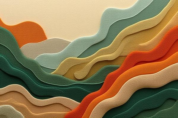 Organic abstract embroidery featuring flowing forms and rich, natural textures, resembling a topographical map or fluid motion.