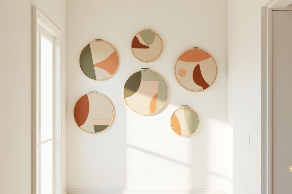 A collection of modern embroidered hoop art displayed along a gallery-style hallway in a chic urban home, adding visual interest and texture.