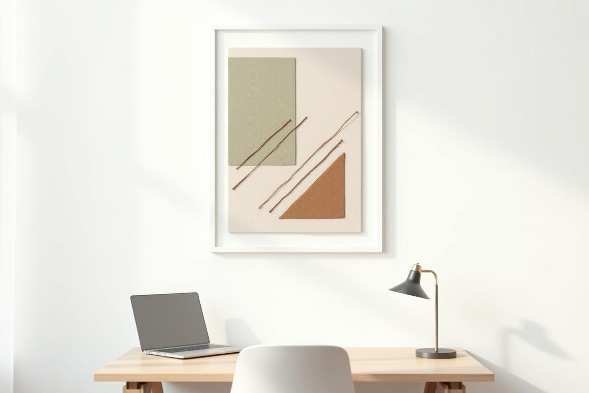Geometric embroidered art piece displayed in a sleek, modern home office, adding an artistic touch to a professional environment.