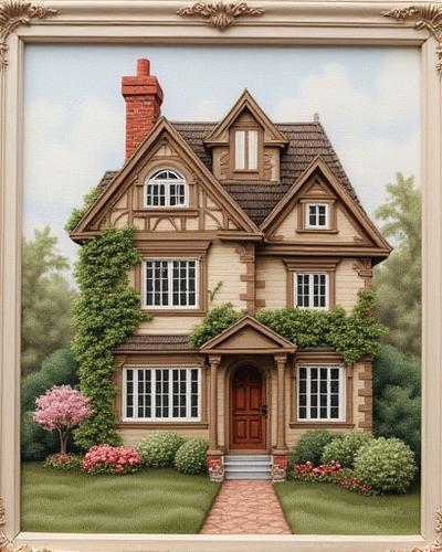 Realistic embroidered portrait of a historic home with intricate architectural details and garden elements.