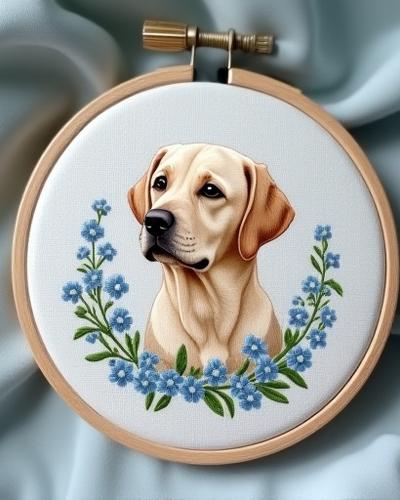 A serene embroidered pet memorial piece, featuring a beloved dog's silhouette framed by forget-me-nots.