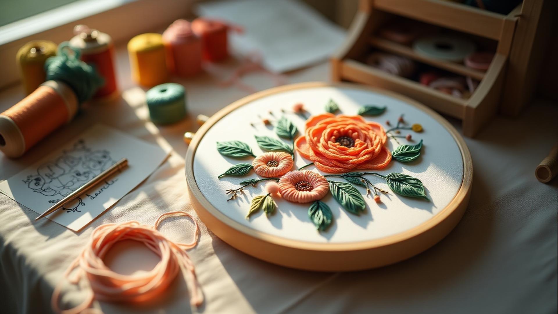 Close-up of an intricate floral embroidery piece in progress on an embroidery hoop, surrounded by colorful silk threads, needles, and a hand-drawn sketch, bathed in soft, natural light.