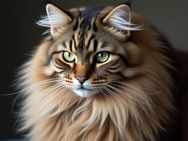 Exquisite silk embroidery portrait of a Maine Coon cat with textured fur and piercing green eyes.