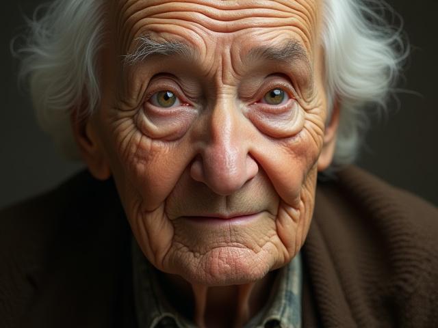 Thoughtful embroidery portrait of an elderly man, showcasing intricate detail in wrinkles and expression, conveying wisdom.