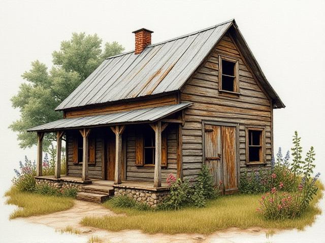 Artistic rendering of a rustic farmhouse through detailed thread painting, highlighting textures of wood and stone.