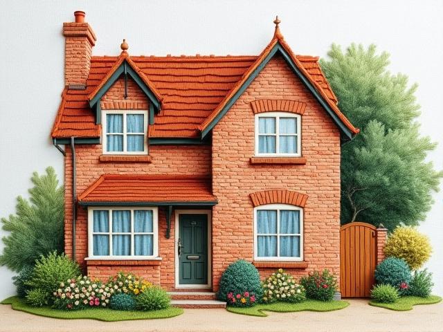 Detailed textile illustration of a charming family home, capturing architectural details and garden elements.